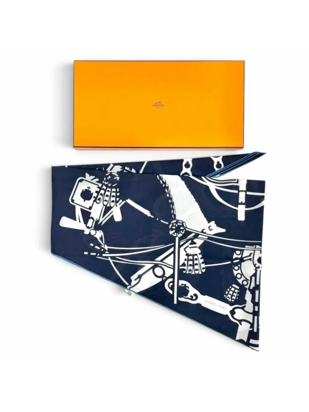 Hermes Rosange GM Royal Horse Tackle Cotton Marine Blue Turcan Diamond Scarf